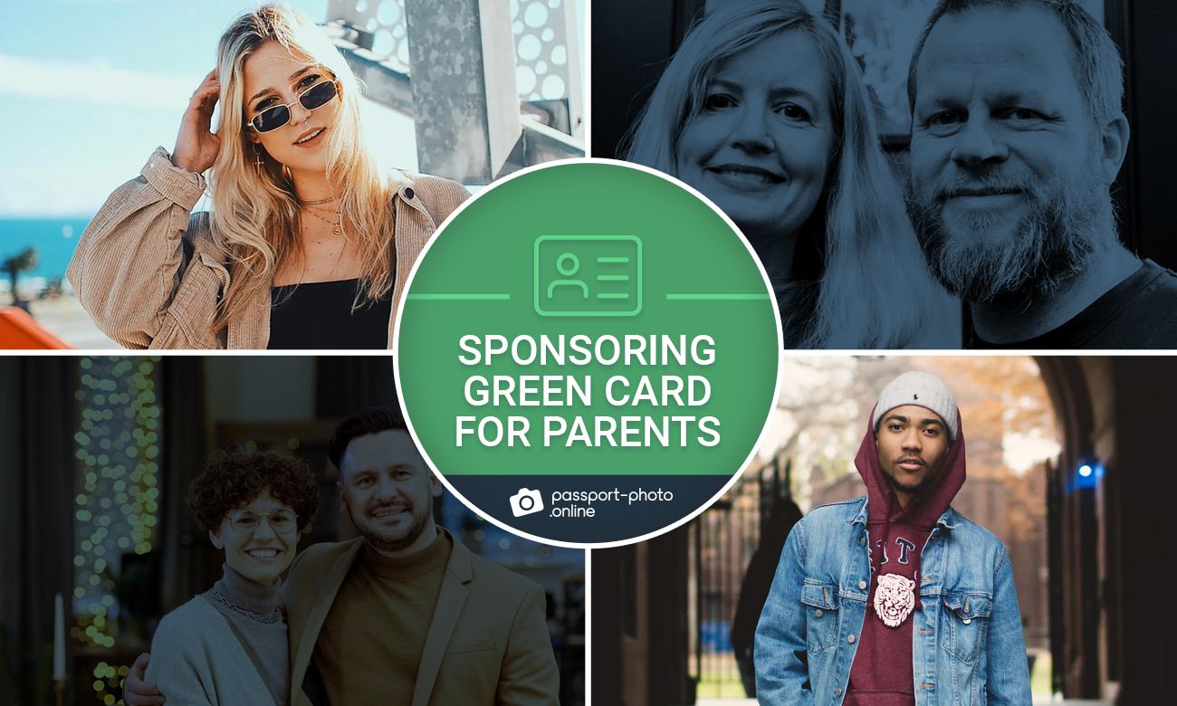 Photos of couples and people taking pictures. It says "Sponsoring Green Card for Parents"
