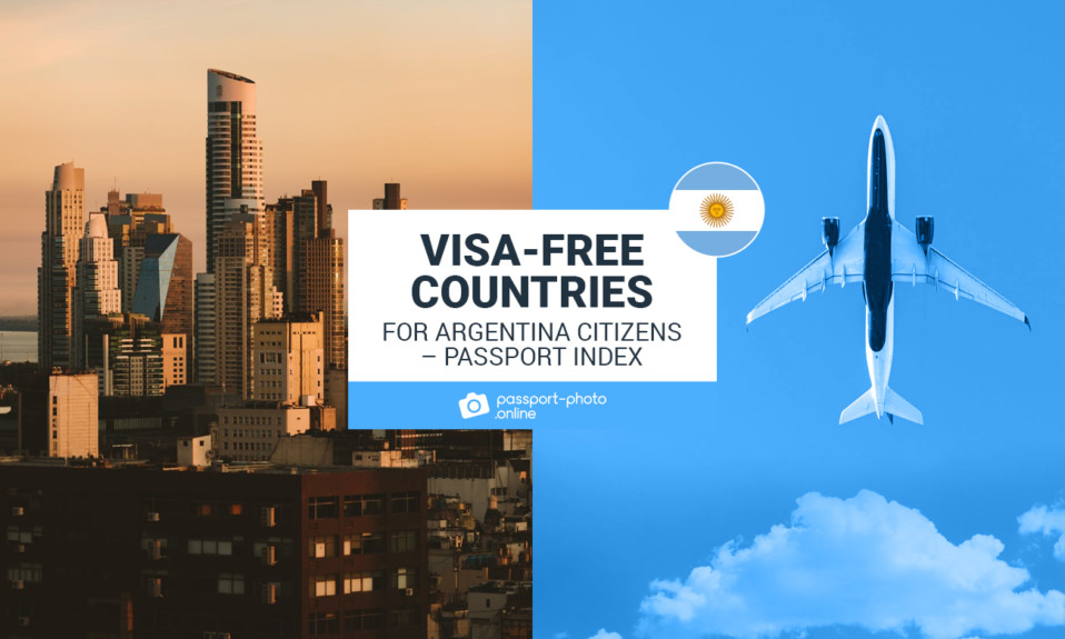 A city with skyscrapers and an airplane on the sky. The text says "Visa-Free countries for Argentina Citizens"