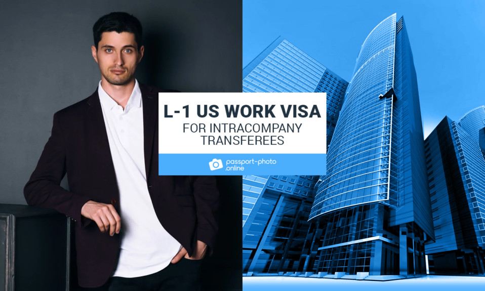 A man posing for a picture and an image with tall buildings. The text says "L-1 US Work Visa for Intracompany Transferees"