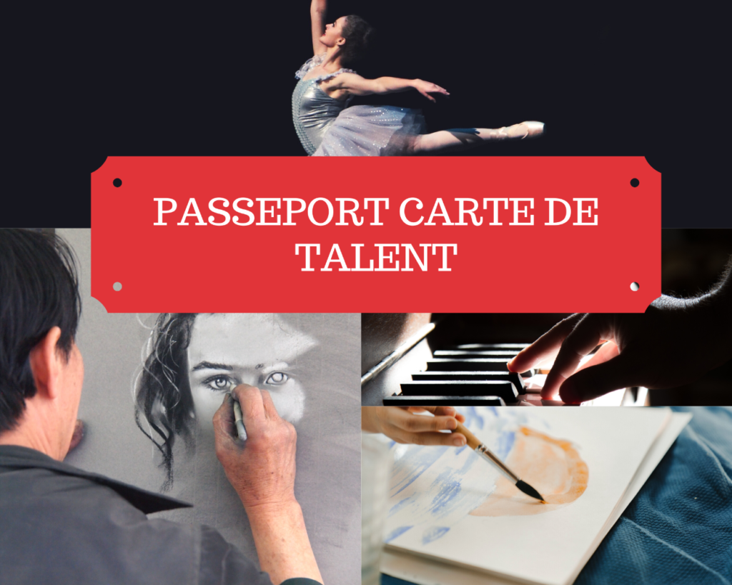 Des photos d'artistes tels que des danseurs, des peintres et des musiciens. Le texte dit "Passeport Carte de Talent".