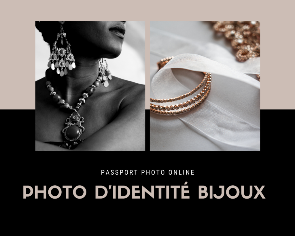 Photos d'une femme portant des bijoux et un anneau d'or. Le texte indique "Photo d'identité Bijoux".