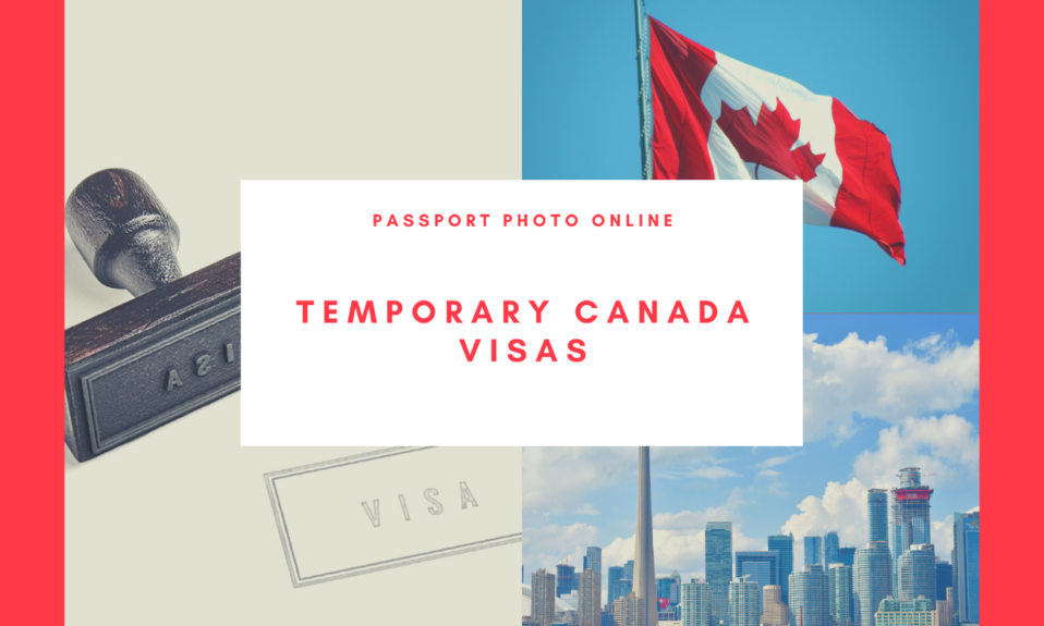 A visa stamp and a flag of Canada. The text says "Temporary Canada Visas"