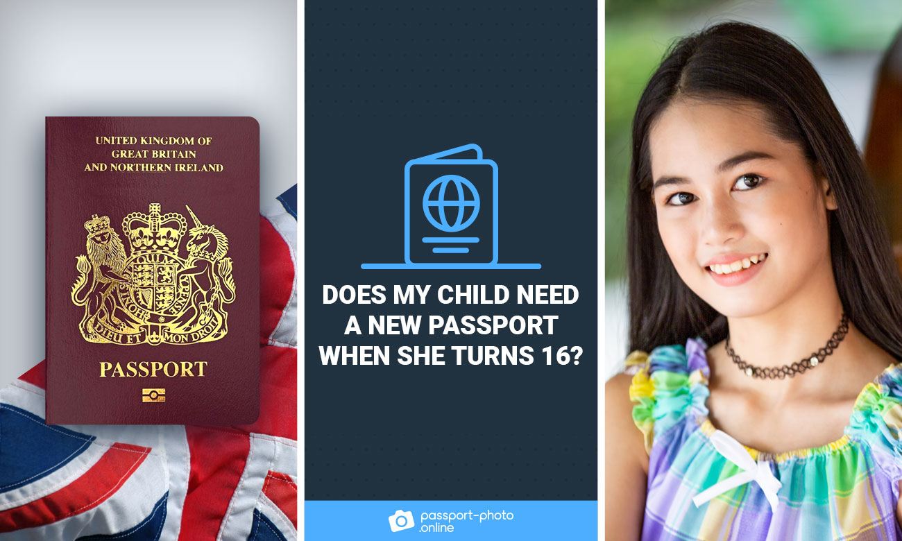 A photo of a UK passport and a girl. The text says "Does my child need a new passport when she turns 16?"