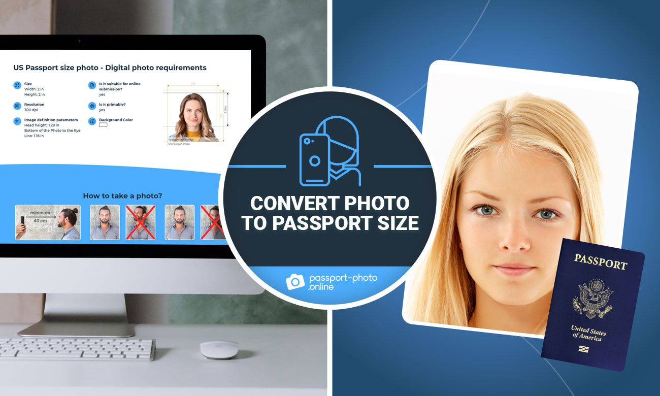 A photo of Passport Photo Online website next to a passport-sized picture.