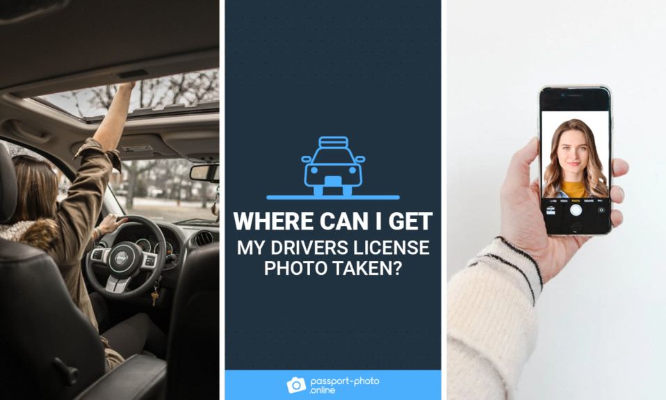 The left image shows a woman driving a car and in the right one, someone is taking a photo for a driving license.