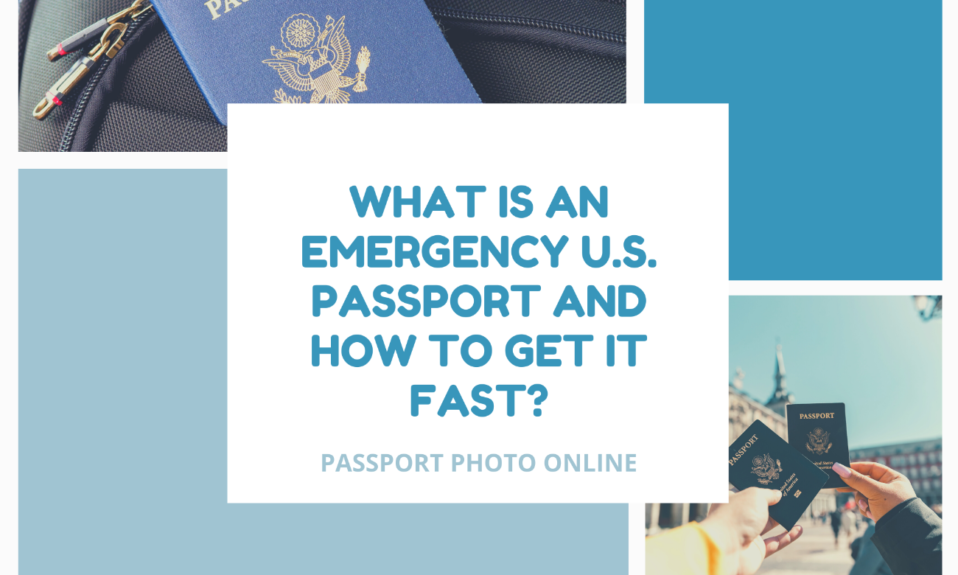 A photo of a US passport in a backpack and a couple holding two passports.