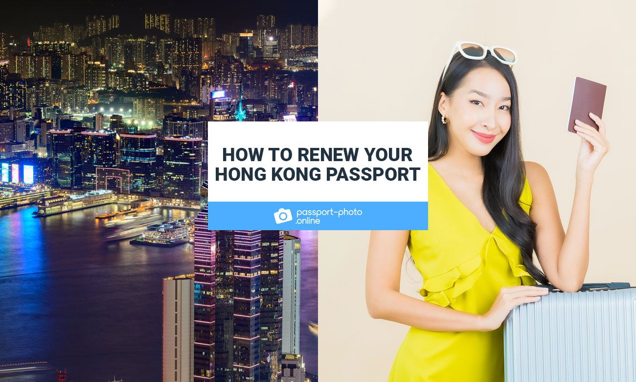 A photo of Hong Kong at night next to a photo of a girl holding a passport.