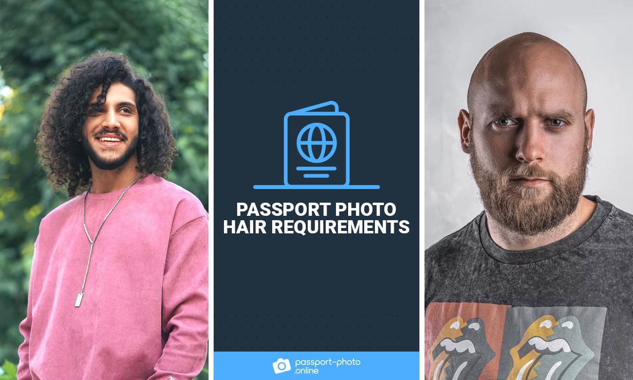Photos of man, one with curly hair and one bald. The text says "Passport photo hair requirements"