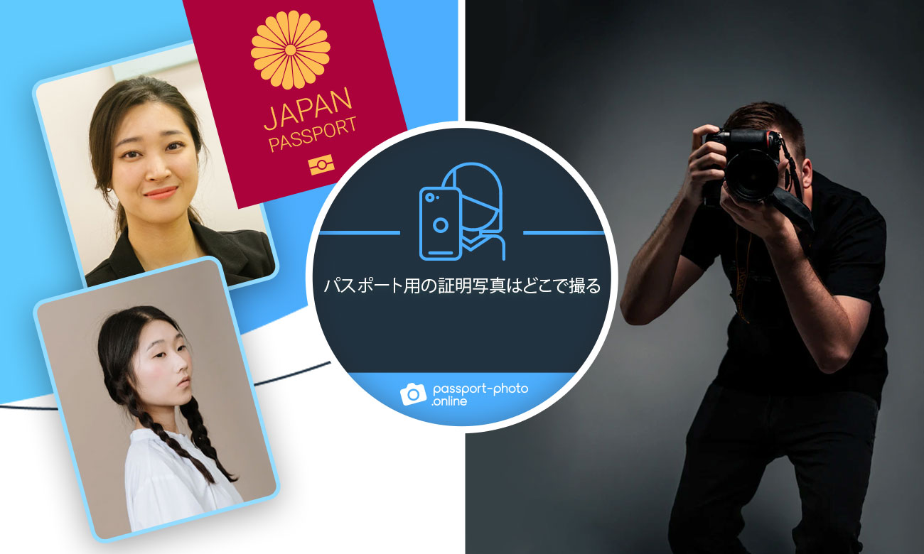 左側に若い女性の写真２枚に日本のパスポートの表紙のイラストがあります。 真ん中に「パスポート用の証明写真はどこで撮る」と書いてあるテキストフィールドがあります。 右側に黒い洋服を着て、顔にカメラを当てて写真を撮影している写真家の姿があります。