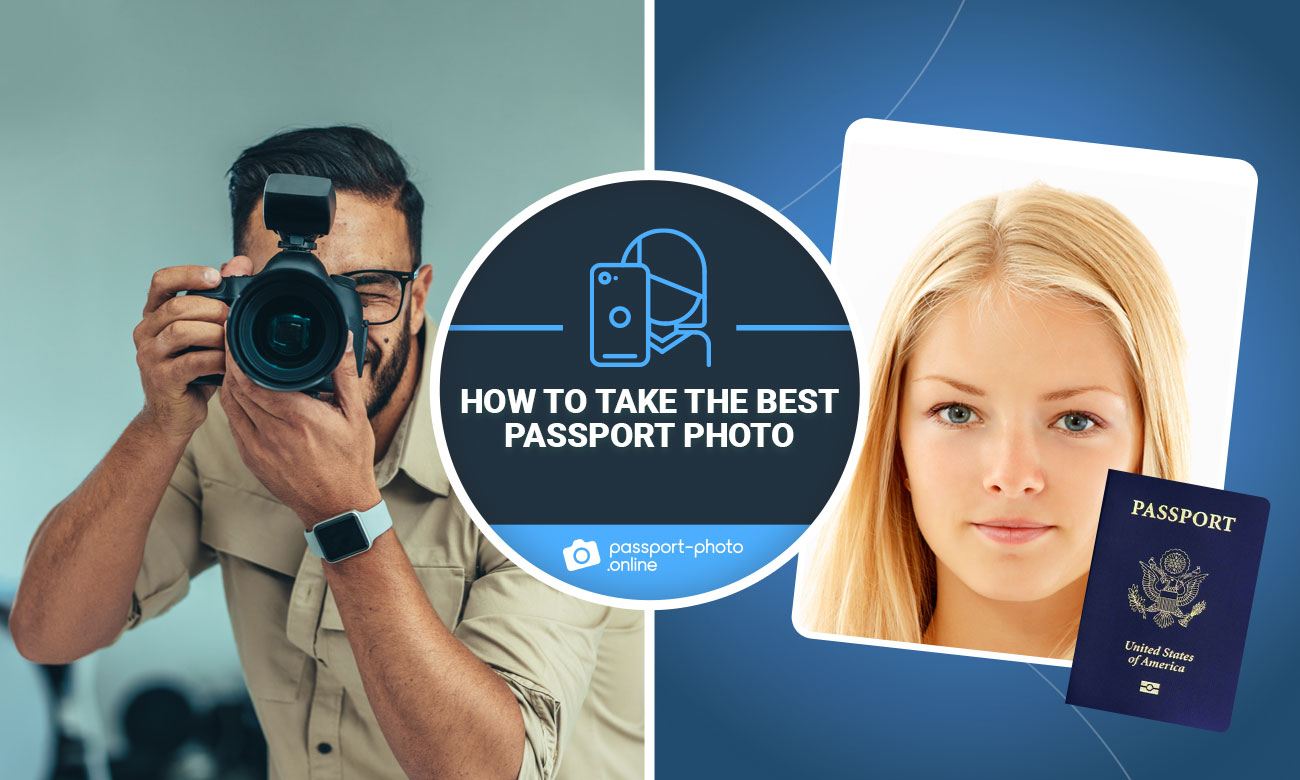 A photographer with a camera and a passport-sized photo. It says "How to take the best passport photo?"