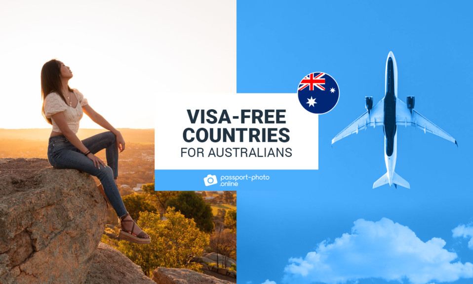 A woman standing on a rock and an airplane in the sky. The middle text says "Visa-Free Countries for Australians".