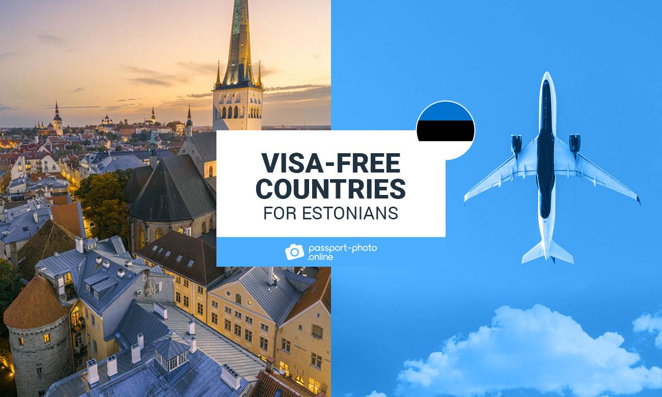 Visa-Free Countries For Estonians: Estonian flag, a plane, Estonian historical buildings and monuments