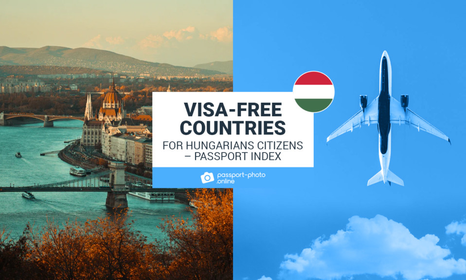 A city in Hungary and an airplane. In the middle it says "Visa Free Countries for Hungarians Citizens"