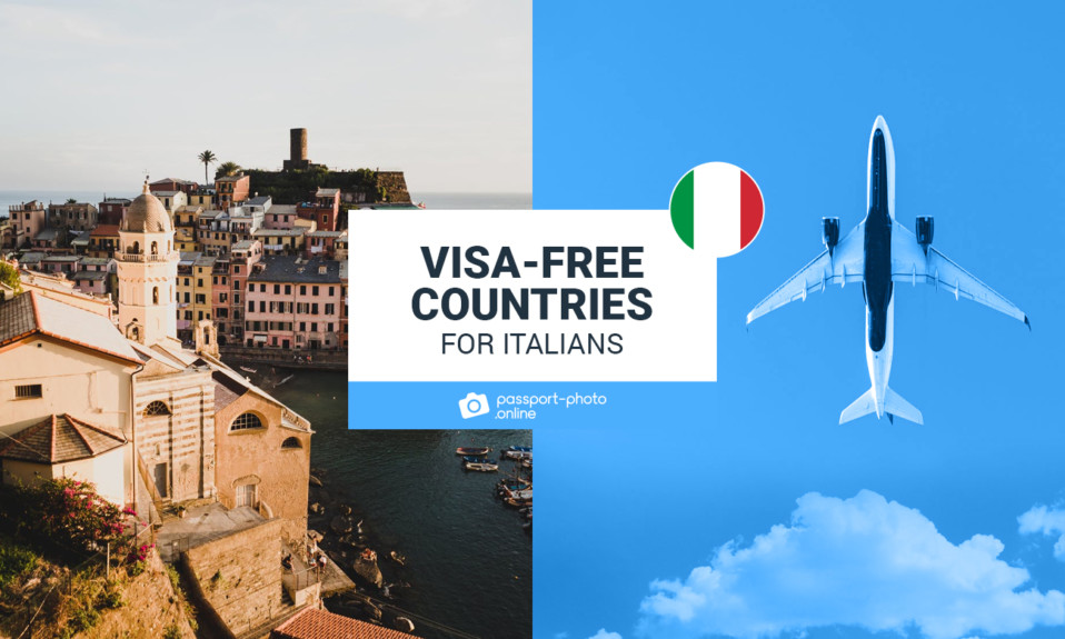 A city in Italy and airplane flying in the sky. The text says "Visa-Free Countries for Italians".