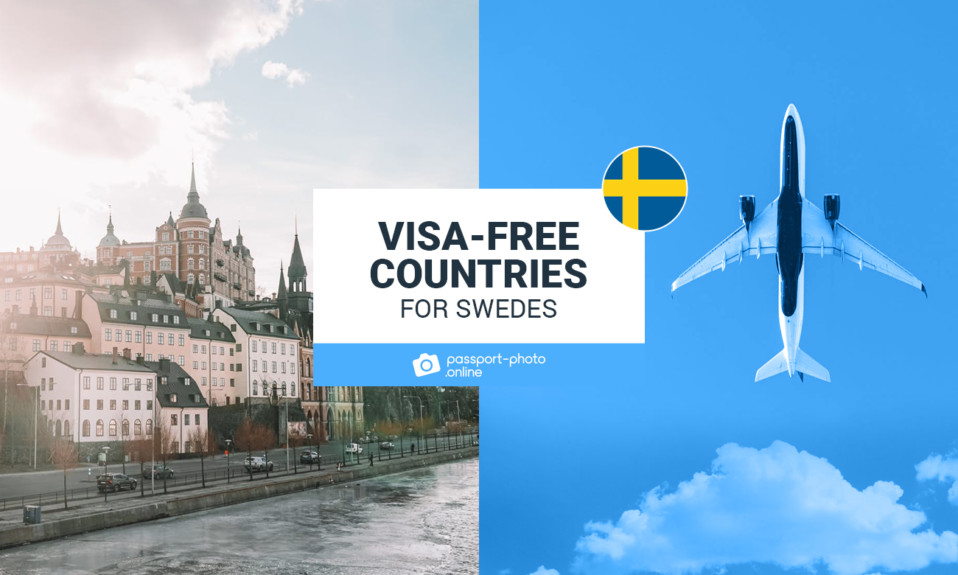 The left image shows a city in Sweden and on the right an airplane. The text says "Visa-Free Countries for Swedes".