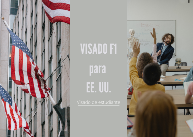 Un profesor dando clases a niños con visado F1. Banderas de EE.UU. cuelgan de un edificio.
