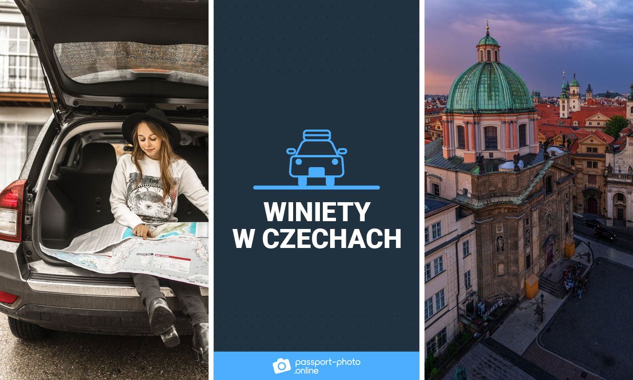 młoda kobieta siedząca w bagażniku samochodu patrząca na mapę oraz widok na czeskie miasto