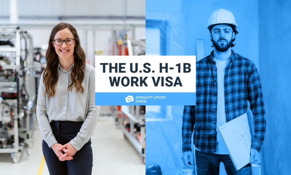Photos of two employees. The text says "The U.S. H-1B Work Visa".