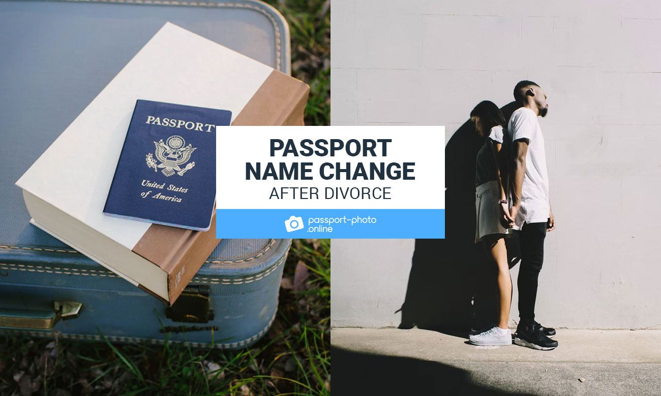 A photo of a US passport next to a couple standing with their backs. It says "Passport name change after divorce".