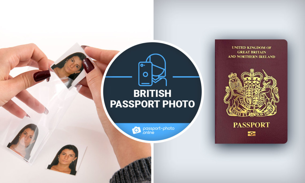Passport sized photos and a passport on a white background.