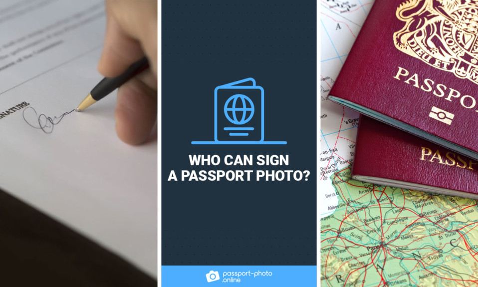 A man signing a paper. Two passports on a map.