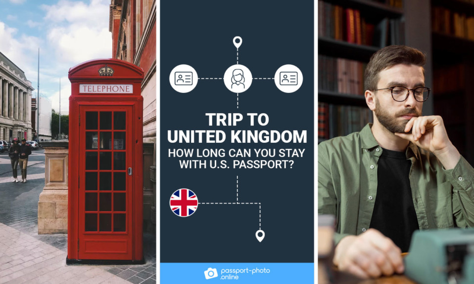 British red telephone booth. A text saying “Trip to United Kingdom. How Long Can You Stay With U.S. Passport?”