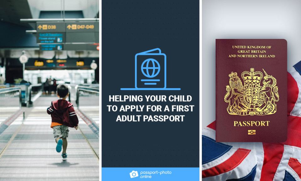 A young boy sprinting through an airport, next to a UK flag and passport.