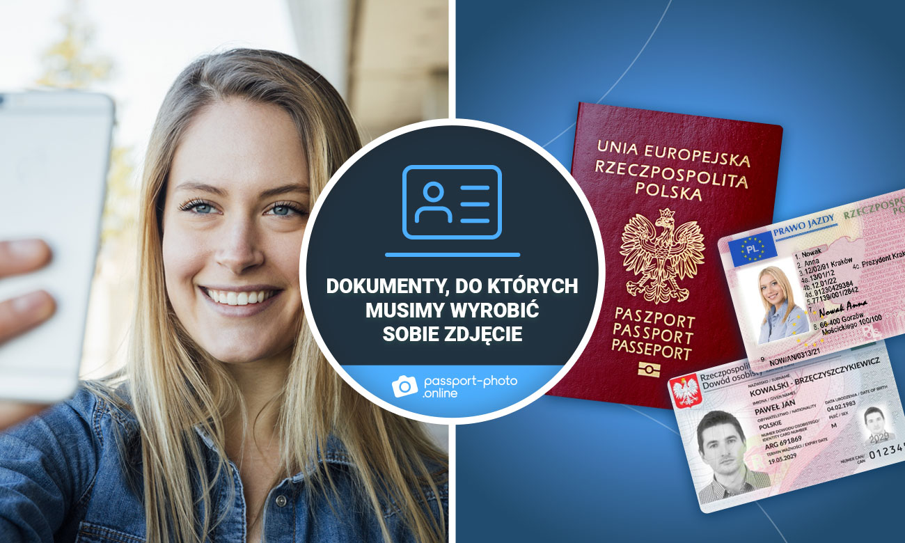 kobieta robiąca sobie zdjęcie oraz polskie dowody osobiste i polski paszport