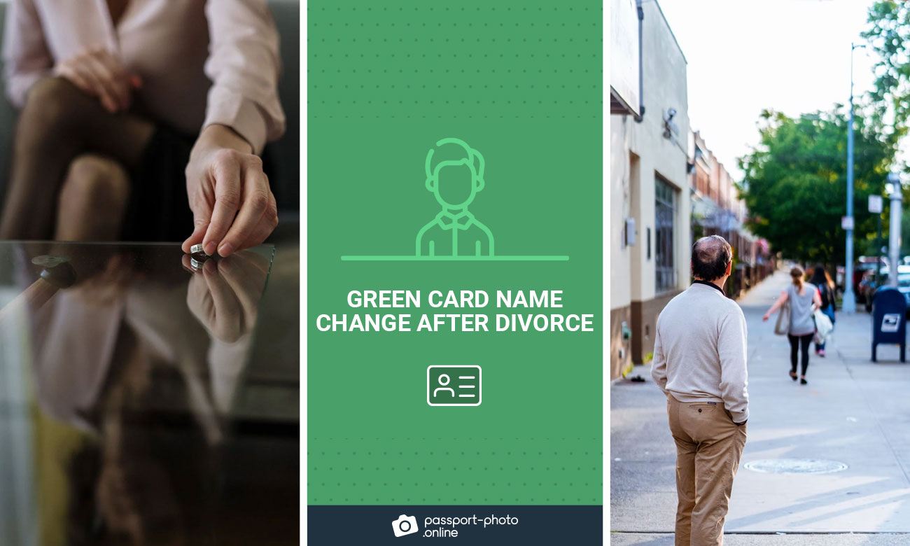 A woman putting a ring on the table and a man on the street. It says "Green card name change after divorce".