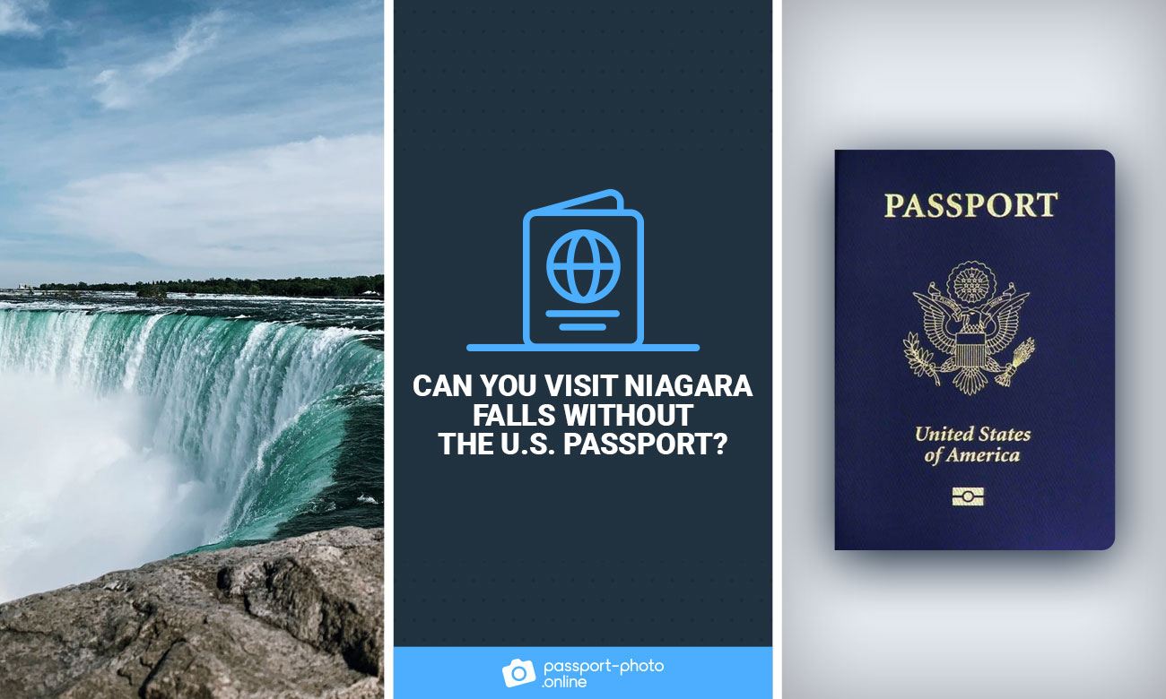 A photo of Niagara falls next to a US passport. It says "Can you visit Niagara falls without the US passport?"