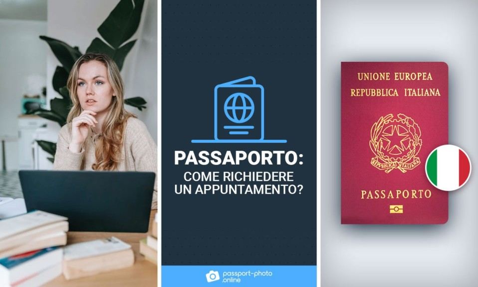 A sinistra, una ragazza che usa il suo computer. A destra, un passaporto italiano.