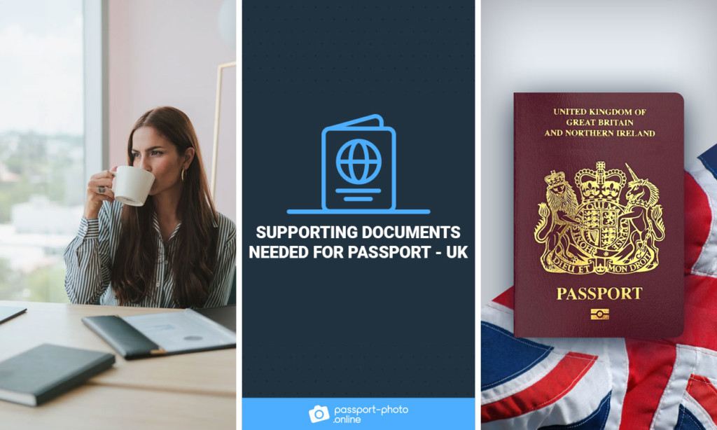 A woman drinks from a mug with an important document, next to a UK passport.