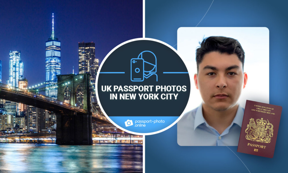 A passport sized photograph with a passport and New York city at night.