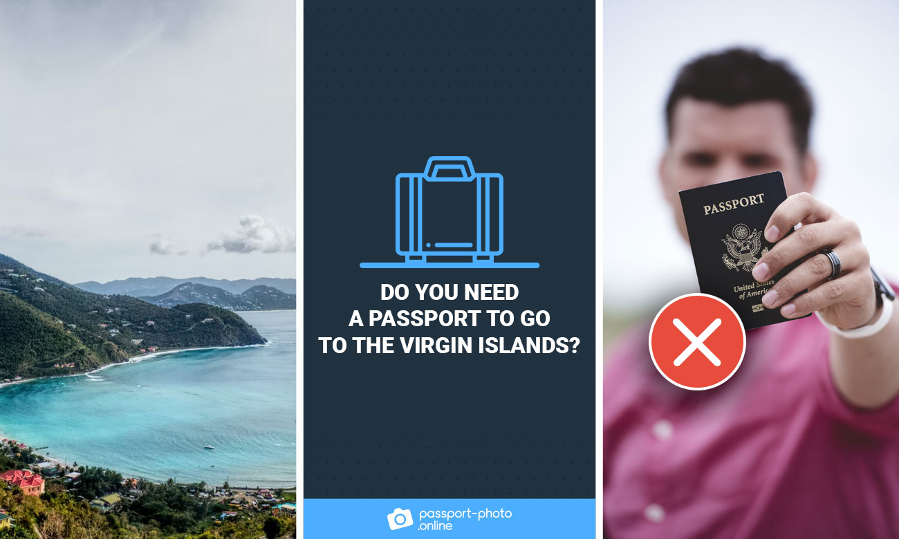 Landscape of Virgin Islands; man holding his passport up