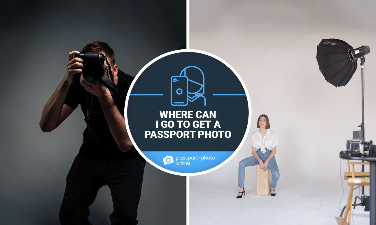 A photo of a photographer with a camera and a girl posing for a passport photo in a studio.