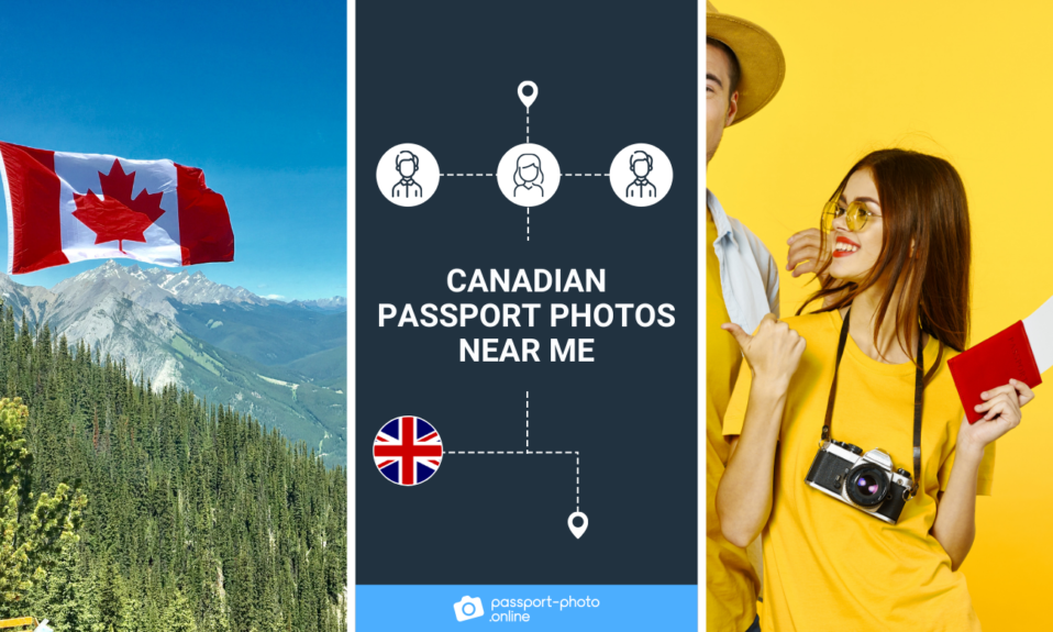 Canadian Flag overlooking Canadian wilderness and a tourist holding a passport, with a camera.
