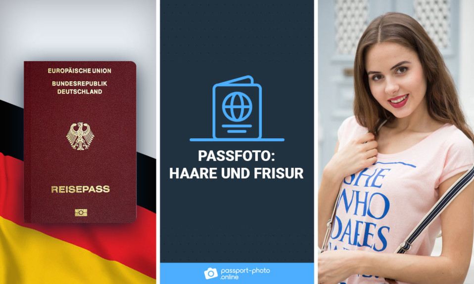 Eine junge Frau mit langen Haaren und ein Reisepass mit einem biometrischen Passbild.