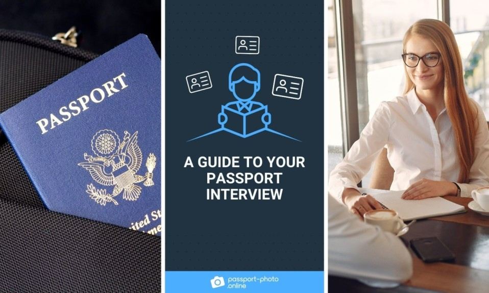 A passport and a woman interviewing. The text says "A guide to your passport interview".