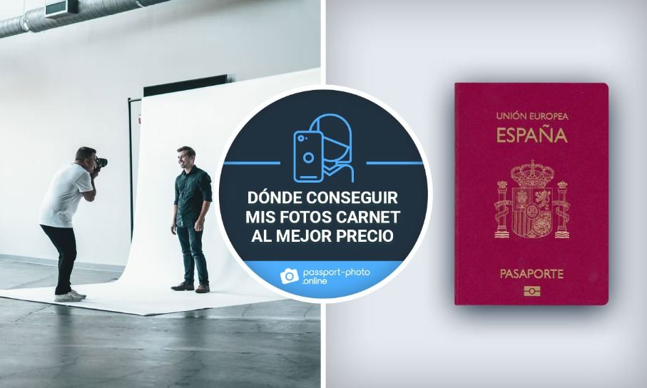 Un hombre toma una foto carnet al mejor precio. A la derecha, un pasaporte español.