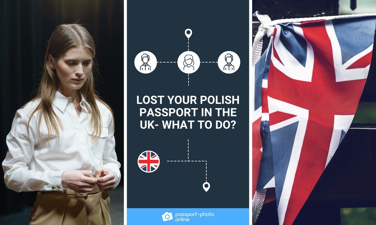 worried woman and UK flag and inscription "Lost Your Polish Passport In the UK- What To Do?"