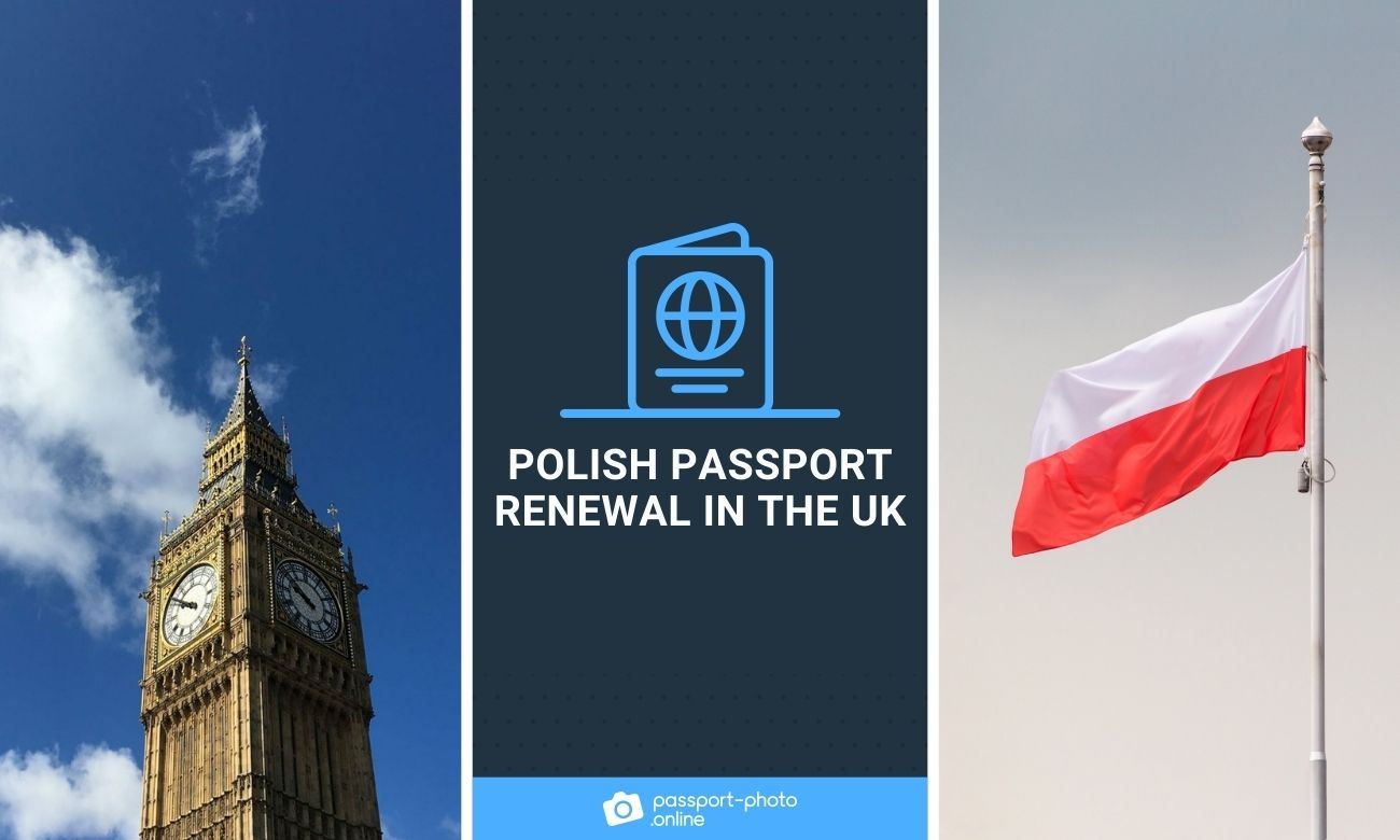 a view for Big Ben and polish flag and inscription "Polish Passport Renewal In the UK"