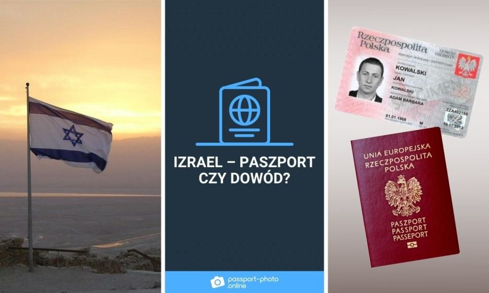 flaga Izraela na tle zachodzącego słońca oraz polski dowód osobisty i polski paszport oraz podpis "Izrael-paszport czy dowód"