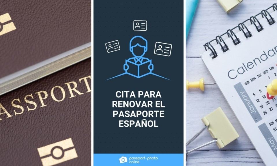 Dos pasaportes fotografiados desde cerca y un calendario con chinchetas y un separador. Cita para renovar el pasaporte español.