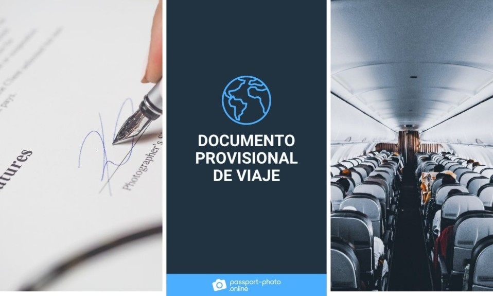 Alguien firma la solicitud para documento provisional de viaje. A la derecha, el interior de un avión de vuelos comerciales.
