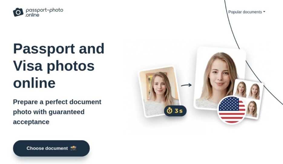 Artikel über Frauen- und Visumfoto mit vier biometrischen Fotos neben der amerikanischen Flagge