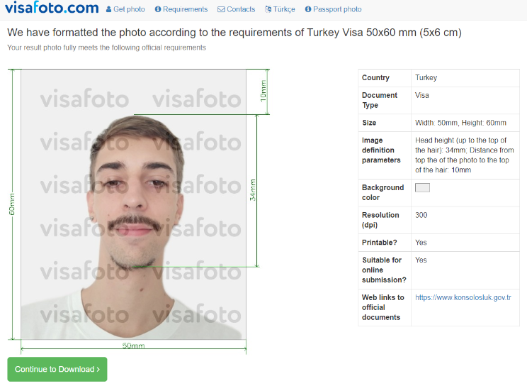 Screenshot der Funktionen, Größe und Pixel des biometrischen Fotos