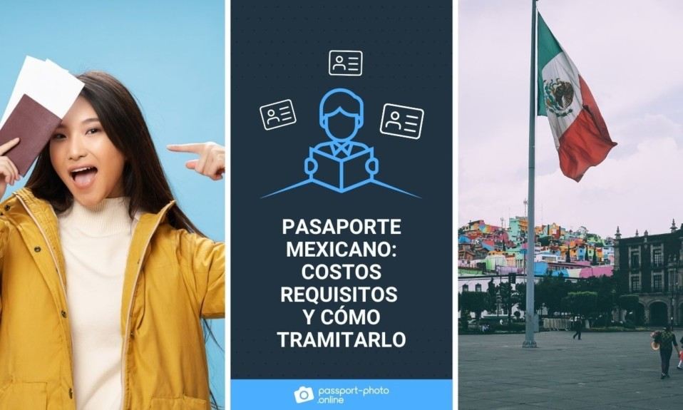 Una chica sujeta su pasaporte y lo señala con la otra mano. A la derecha una bandera de México.