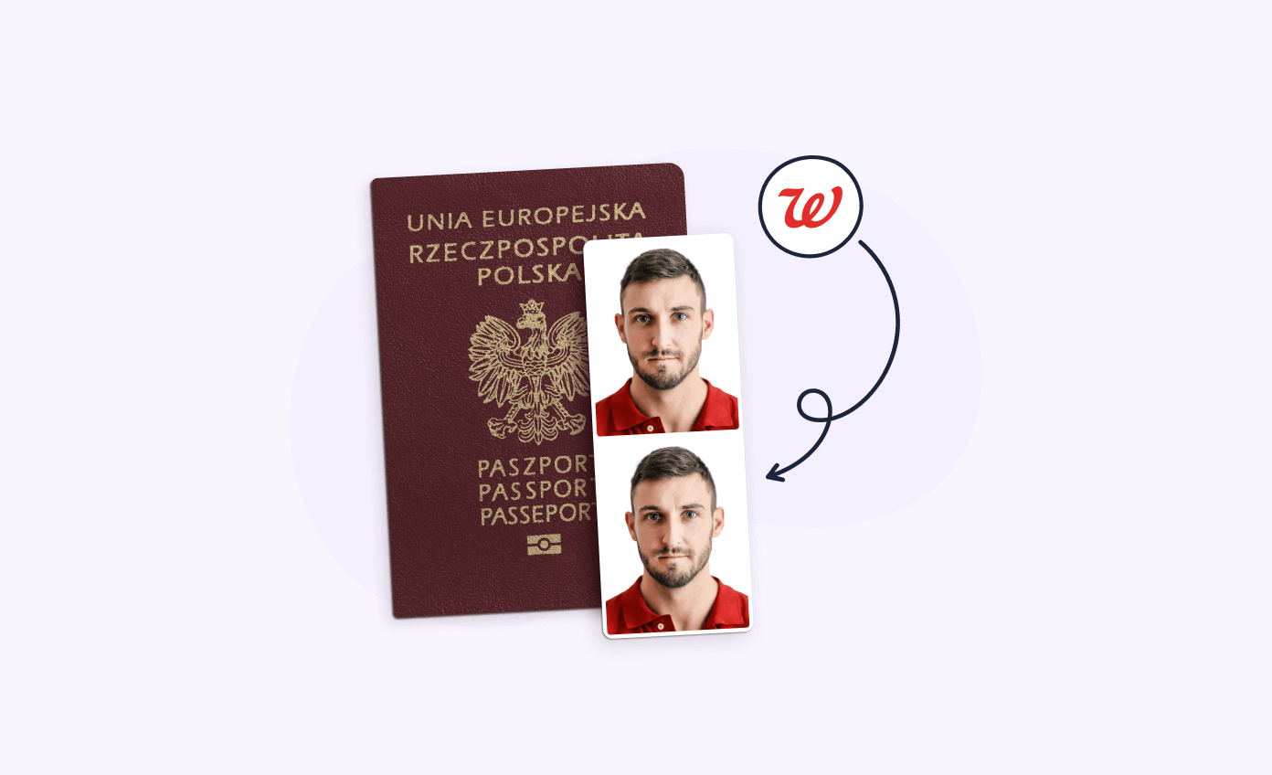 A Polish passport and a pair of passport photos from Walgreens.