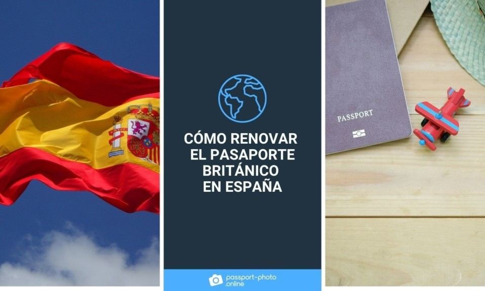 Un pasaporte posa junto a un avión de juguete. A la izquierda, una bandera española. ¿Cómo renovar el pasaporte británico en España?