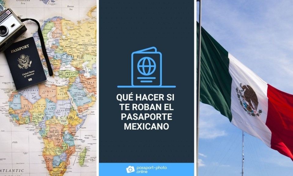 Un pasaporte y una cámara posan sobre un mapa mundial. A la derecha, la bandera de México ondea al viento. ¿Qué hacer si te roban el pasaporte?